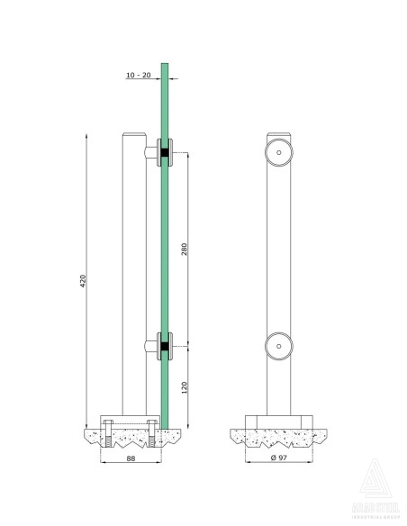 Glass Spigot Base Fix Standoff Round Model for 10-20mm Glass | Glass Railing 110-140 cm