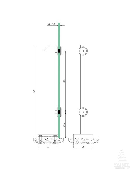 Glass Spigot Base Fix Standoff Model for 10-20mm Glass | Glass Railing 110-140 cm - technical specifications