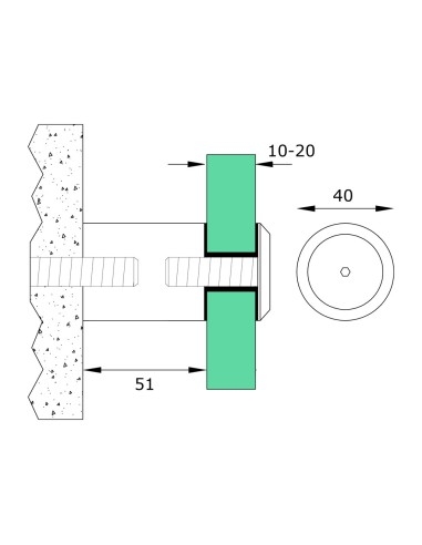 Fixed Stainless Steel Glass Standoff Pin| 51mm Distance | 40mm Diameter - technical specifications
