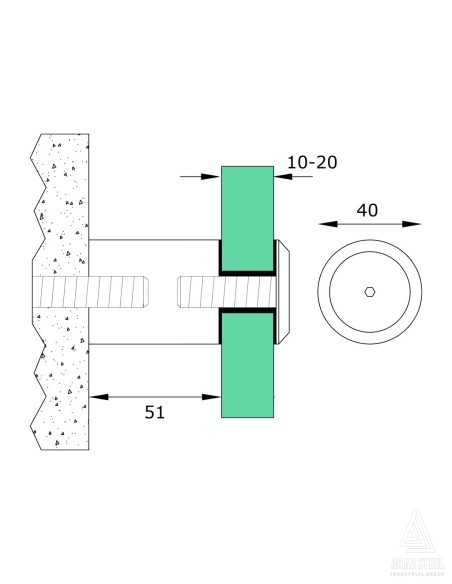 Fixed Stainless Steel Glass Standoff Pin| 51mm Distance | 40mm Diameter - technical specifications