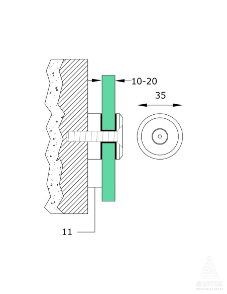 Fixed Mini Glass Adapter Standoff | 11mm Distance | 35mm Diameter - technical specifications